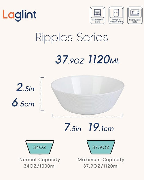 38 OZ Soup Bowl Set of 4, Opal Glass 7.5 inch White Bowls for Ramen, Noodle, Salad, Fruit, Pho, Dishwasher and Microwave Safe