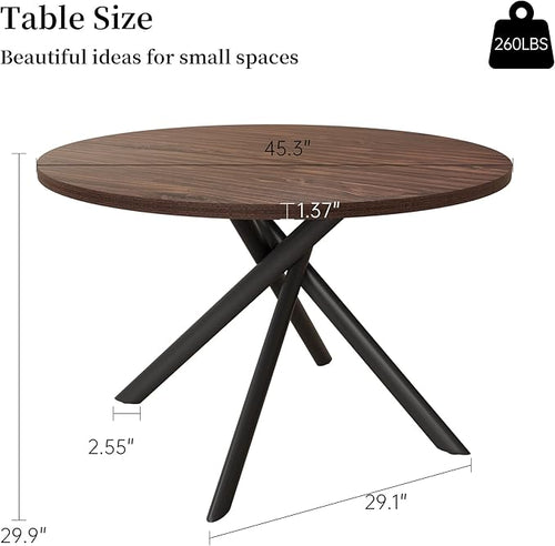 45.3 Inch Modern Round Dining Table for 4, Space-Saving Dinette with Carbon Steel Legs for Home Kitchen Apartment(Dark Walnut Table)