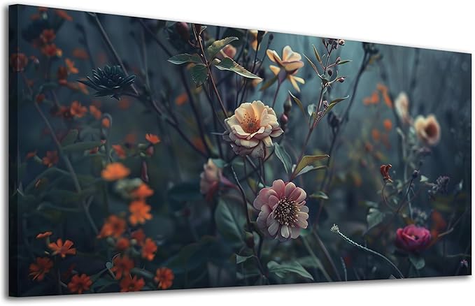 ADJUVANT Wall Art Impressionist Floral 40"L x 20"W, Dark Toned Blossoms With Lush Foliage Canvas Painting Enchanting Flowers Artwork Prints Floral Wall Decor for Living Room Bedroom Study Home Office