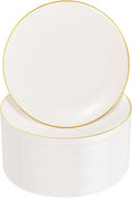 Nervure 100Pcs Ivory and Gold Plastic Plates - 7.5inch Disposable Ivory Dessert/Salad Plates - Heavy Duty Plastic Plate Ideal for Wedding & Party