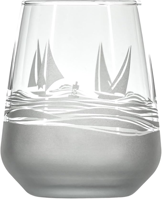 Rolf Glass Regatta Stemless Wine Tumbler 15.75 ounce | Proudly Made in the USA | Set of 4 Nautical Stemless Wine Glasses | Lead-Free Glass | Etched Tumbler Glasses