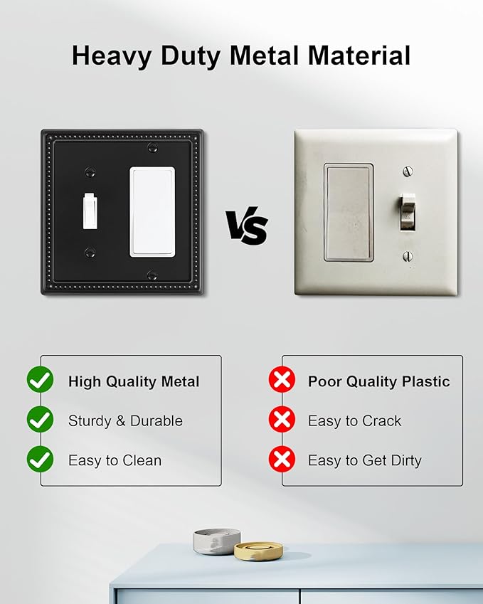 2-Pack Combo Toggle/Decorator Light Switch Cover Plate, Pearls Decorative Electrical Outlet Covers, Metal Wall Switch Plates and Outlet Covers, Black