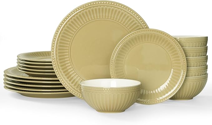 Famiware Garden Plates and Bowls Set for 6, 18-Piece Kitchen Dishes Dinnerware Set - Microwave and Dishwasher Safe, Scratch Resistant, Reactive Glaze and Embossed Stoneware Tableware, Yellow