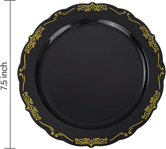 DaYammi 60PCS Black and Gold Plastic Plates, Heavy Duty Black and Gold Disposable Plates Premium 7.5 inch Dessert Cake Salad Appetizer Plate Hard Plastic Plate Disposable for Party Wedding