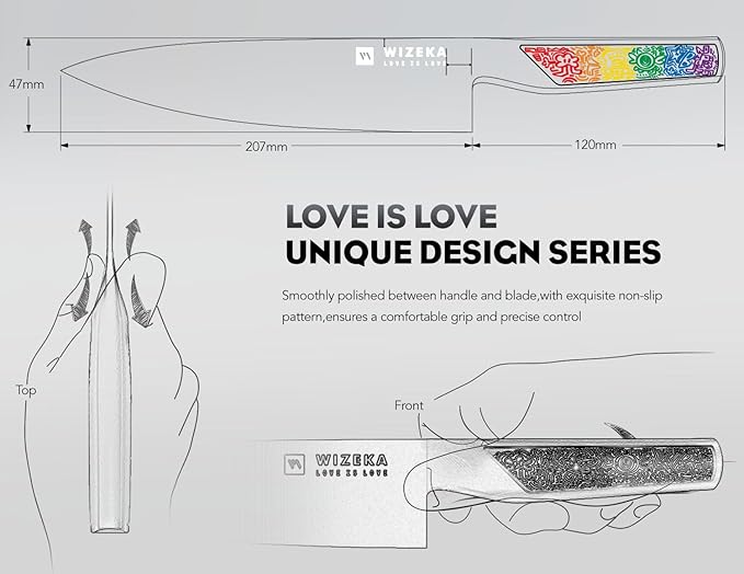 WIZEKA Chef Knife: 8 Inch: Extreme Sharp Kitchen Knife: Full Tang High Carbon Stainless Steel: Chef's knife with Ergonomic Handle with Unique Patterns,Rainbow Series