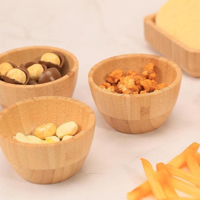 Bamboo Wooden Bowls Set of 6, 3 Inch Small Serving Bowls for Snacks/Appetizers/Side Dishes/Charcuterie Board, Dipping Sauce Bowl for Condiments, 4 oz Bamboo Wood Ramekins, Reusable & Handmade