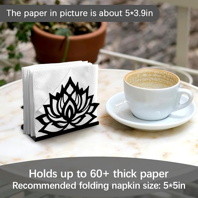 Lotus Flower Decorative Black Metal Napkin Holder for Table, 5.3" x 4.1" x 2" Floral Standing Napkin Holder for Home Kitchen Restaurant Picnic Party Coffee Bar Dining Room