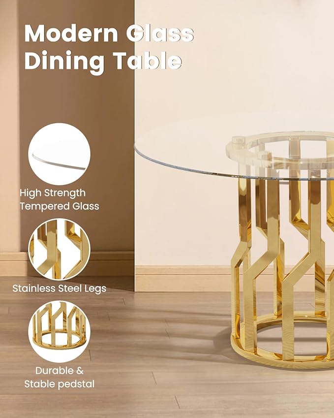38.9" Round Glass Dining Table Set for 4, Modern 5 Piece Kitchen Table Set with Gold Stainless Steel Base & 4 PU Leather Accent Chairs, Saving Space, Dining Set for Apartment, Home - Grey Chair