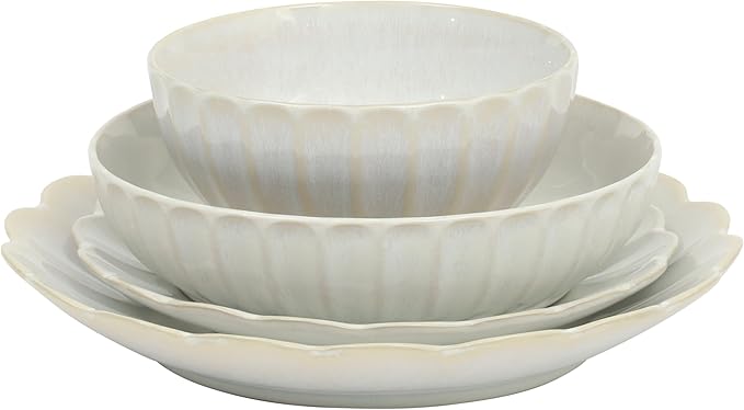 Gibson Elite Malibu Shore 16 Piece Scallop Stoneware Reactive Glaze (Service for 4) Ceramic Plates and Bowls Dinnerware Set - Shiny Cream White