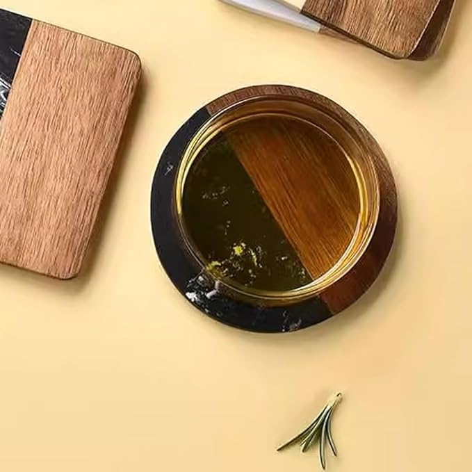 I-LAN Set of 4 Round 4x4 Inch Natural Wood & Marble Drink Coasters – for Coffee, Tea, Beer & Bar Glasses – Living Room, Dining, Bar Table Coasters