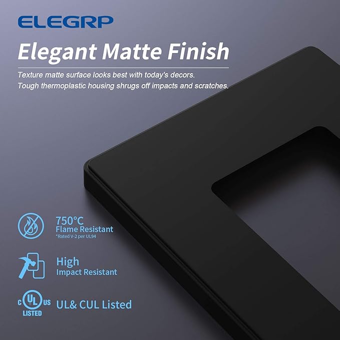 ELEGRP Matte Black 1-Gang Screwless Decorative Wall Plates, Standard Size Unbreakable Thermoplastic Faceplate Cover for Decorator Receptacle Outlet Switch, UL Listed (5 Pack)