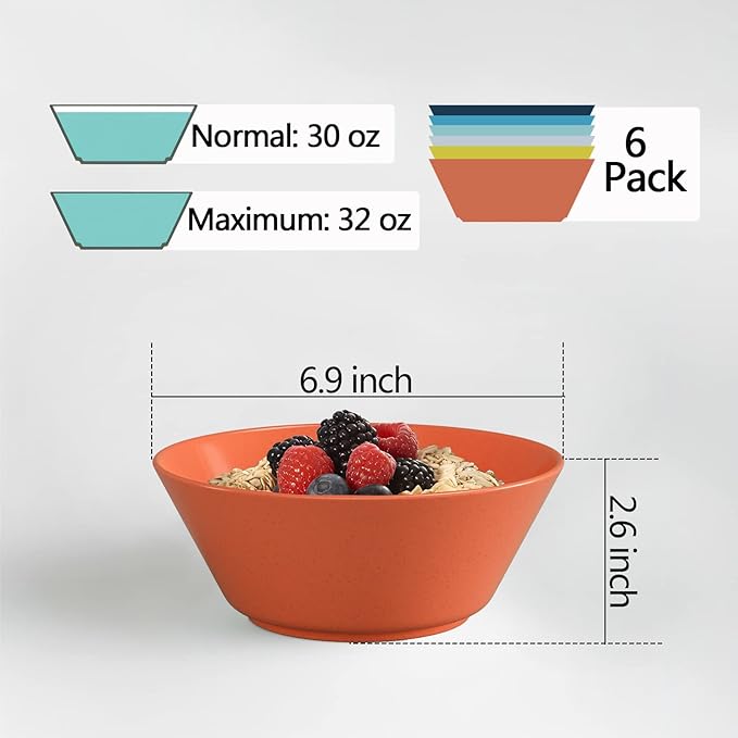 Unbreakable Large Cereal Bowls Set of 6, 32 Ounce BPA-Free Microwave & Dishwasher Safe Salad Bowls, Stackable Multicolor Kitchen Bowls for Serving, Soup, Oatmeal, Pasta, Camping & Daily Use