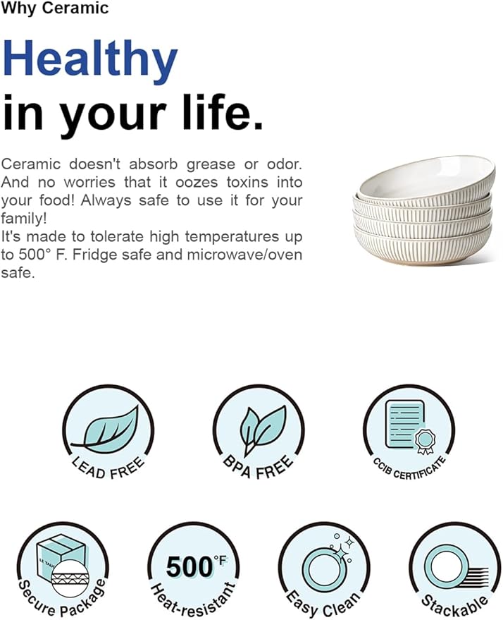 LE TAUCI Pasta Bowls 46oz, Large Salad Bowl, Ceramic Embossment Stoneware Serving Plate Bowl for Fruits, Noodle, Dinner, House-warming Wedding Present - 9 Inch, Set of 4, Arctic White