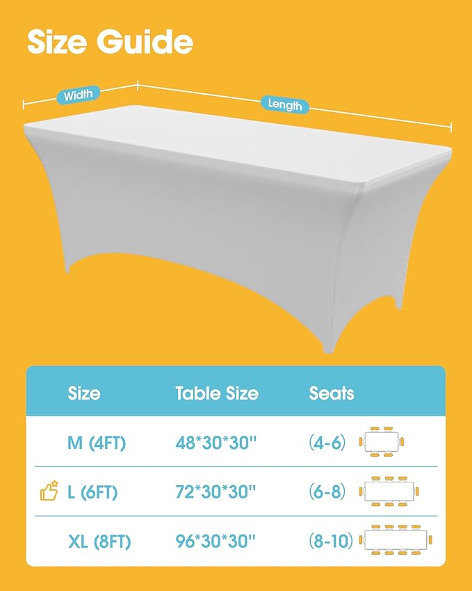 4-Pack White Spandex Tablecloths – 72"x30"x30" Stretch Fitted Table Covers for 6ft Rectangle Folding Tables, Wrinkle-Resistant Tablecloth for Wedding, Banquet & Outdoor Events