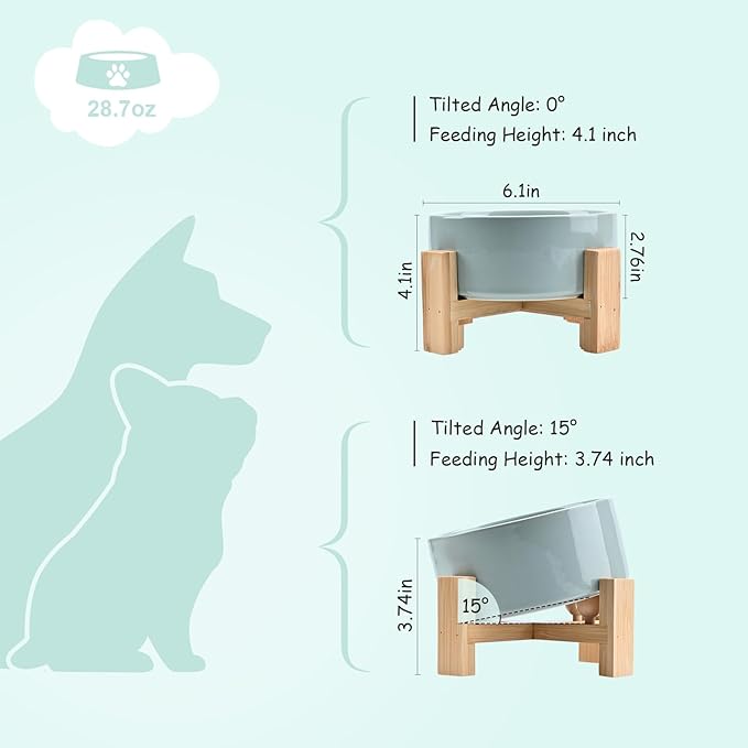 SPUNKYJUNKY 15° Slanted Ceramic Dog and Cat Bowl with Wooden Stand, Tilted Bulldog Food and Water Bowl No Slip Non-Spill for Cats Medium Dogs Big Face Pets 28.7 OZ (3.6 Cups, Morandi Green)