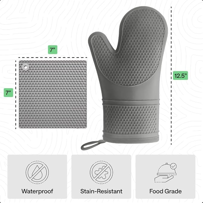 GORILLA GRIP BPA-Free Soft Silicone Oven Mitts and Pot Holders Sets of 4, Heat Resistant Waterproof Cooking Gloves, Thick Cotton Lining, Flexible Gripping for Baking Grilling, Kitchen Trivets, Gray