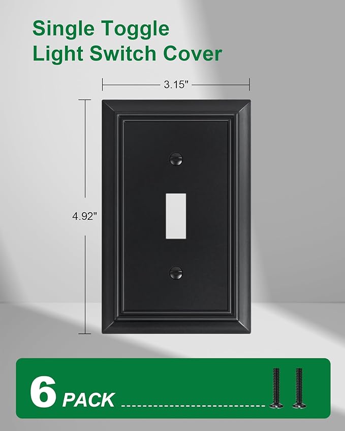 6-Pack Single Toggle Light Switch Cover Plate, Durable Natural Bamboo Fiber Decorative Switch Plate Covers, Matte Black 1 Gang Wall Plate, Corrosion Resistant