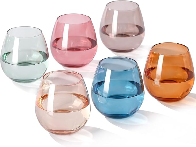 Colored Stemless Wine Glasses Set of 6-15 oz -【Hand-Blown】 Colored Drinking Glasses, European Design Crystal Glass For Red & White Wine, Unique Gifts for Wedding, Birthday(Multicolor)