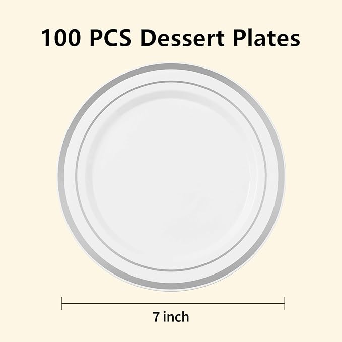 BESTSTAR 7 Inch White Plastic Plates,100PCS Disposable Dessert/Appetizer/Small Cake Plates with Silver Rim,Heavy Duty Plate Ideal for Christmas, Wedding and Birthday