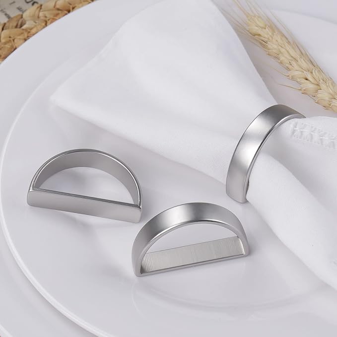 Cuff Brushed Silver Napkin Rings Set of 4, Modernist Napkin Ring Holder for Wedding, Banquet, Metallic Adornment for Table Settings, Glossy Serviette Buckles Decor (Semicircle - Silver)