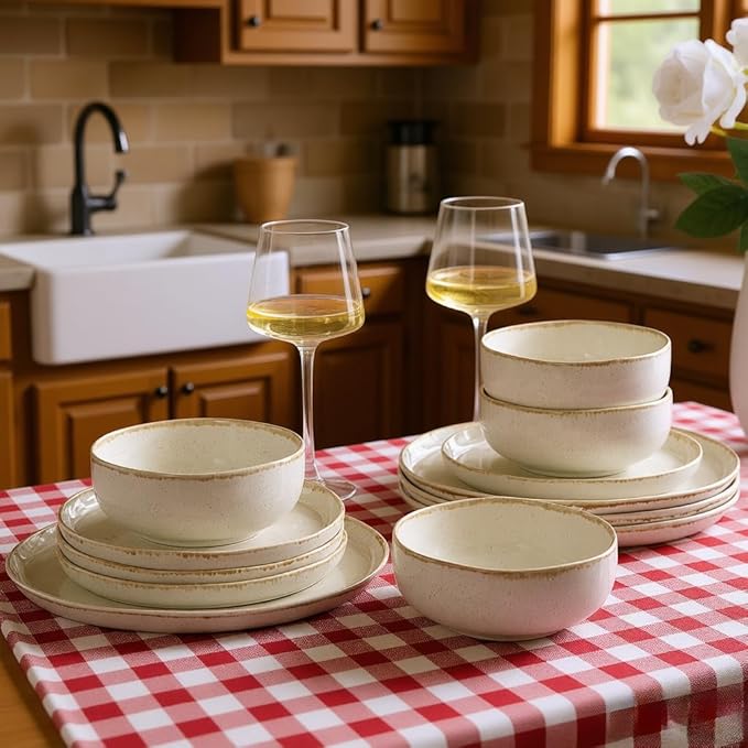 AmorArc Ceramic Dinnerware Sets, Wavy Rim Stoneware Plates and Bowls Sets, Highly Chip and Crack Resistant | Dishwasher & Microwave Dishes set, Service for 4 (12pc)-Cappuccino