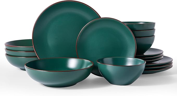 Famiware Venus Speckled Dinnerware Set with Pasta Bowls, Service for 4 (16 Pieces), Stoneware Plates and Double Bowls Sets, Microwave & Dishwasher-Safe Dishes with Trim, Matte Dark Green