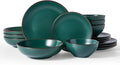 Famiware Venus Speckled Dinnerware Set with Pasta Bowls, Service for 4 (16 Pieces), Stoneware Plates and Double Bowls Sets, Microwave & Dishwasher-Safe Dishes with Trim, Matte Dark Green