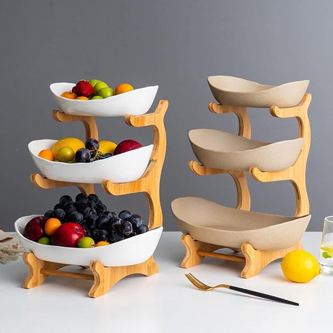 jessie 3 Tier Fruit Basket,Ceramic Large Capacity Tiered Fruit Basket Stand,Bamboo Fruit Serving Tray Snacks Nuts Bread Candy Storage Holder (White porcelain)