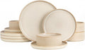 Stoneware Dinnerware Sets, Plates and Bowls Set for 4, 12-Piece Ribbed Dishes – Chip & Scratch Resistant, Microwave and Dishwasher Safe Tableware, Warm Off-White
