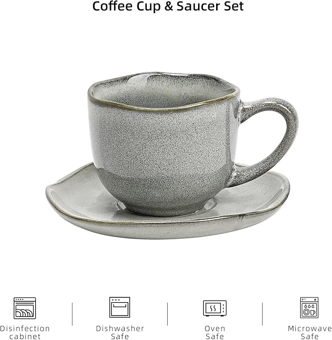 Organic Shape Highland Ceramic Coffee Cup and Saucer, 6pcs 8oz Handmade Reactive Glaze Saucer Sets with Wavy Edge, for Kitchen, Microwave & Dishwasher Safe, Scratch Resistant-grey