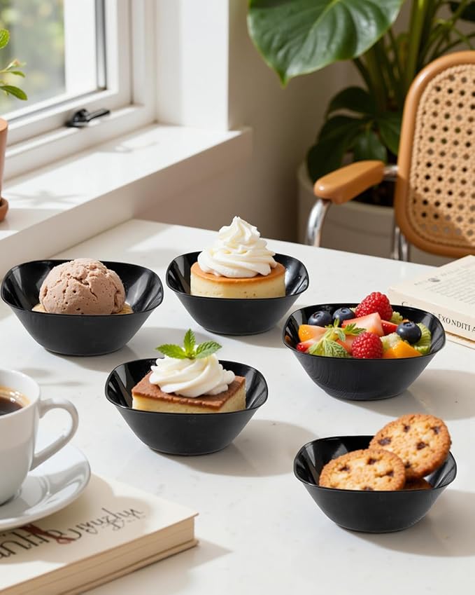 bUCLA 50Pack Black Plastic Small Bowls - 8oz Disposable Ice Cream/Salsa/Dipping/Dessert/Sauce/Candy/Small Serving Bowls for Party & New Year