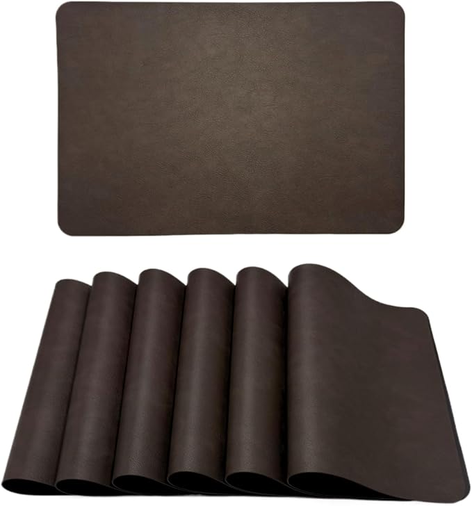 Premium Faux Leather Placemats Set of 6 – Waterproof, Heat-Resistant, Reversible & Non-Slip Table Mats for Kitchen, Dining, Indoor/Outdoor Use (Black Brown)