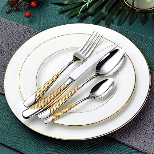 Hammered Silver Gold Silverware Set, OGORI 24-Piece 18/10 Stainless Steel Flatware Set, Service of 6 - Image 6