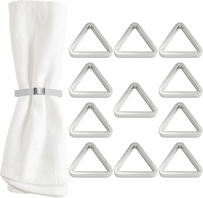 Shiny Silver Napkin Rings Set of 12, Triangle Style, Modern Cuff Design for Wedding Party Decorations, Kitchen, Holiday Table,Rust Proof,Hotel, Home,Iron, Table Accessories for Dining,Gift