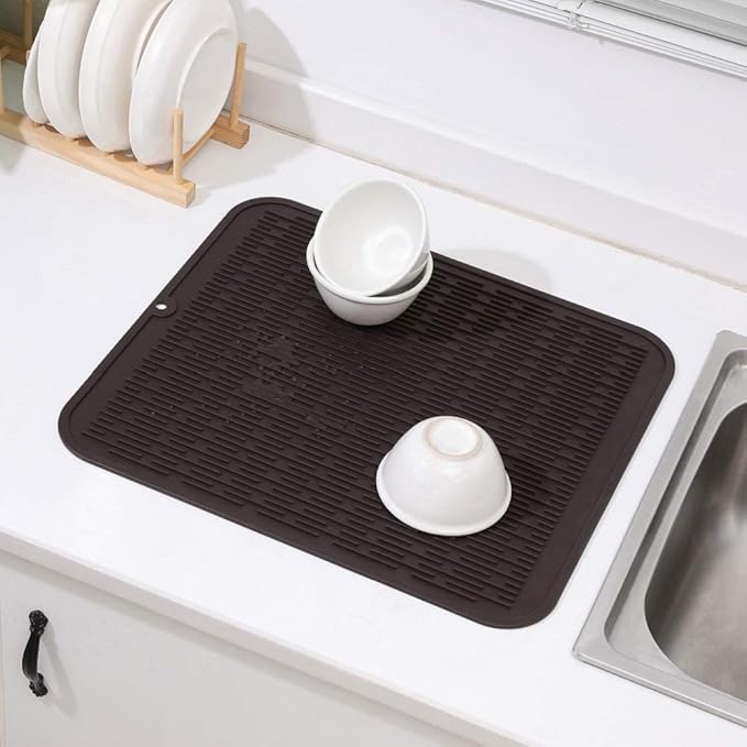Silicone Dish Drying Mat for Multiple Usage,Easy clean,Eco-friendly,Heat-resistant Silicone Mat for Kitchen Counter or Sink,Refrigerator or Drawer Liner Coffee XL 18 inches x 16 inches