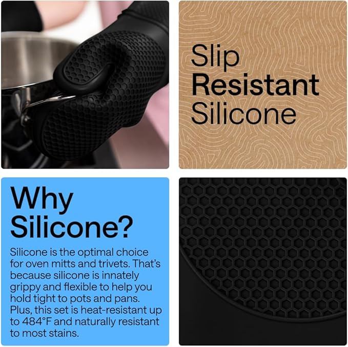 GORILLA GRIP BPA-Free Soft Silicone Oven Mitts and Pot Holders Sets of 4, Heat Resistant Waterproof Cooking Gloves, Thick Cotton Lining, Flexible Gripping for Baking Grilling, Kitchen Trivets, Black