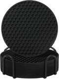 Coasters Set of 6 with Holder,Coasters for Drinks,Coffee Table Decor Coaster,Suitable for Kinds Cups,Anti-Slip,Non-Stick,Silicone Cup Coaster and Living Room Decor (6 Pcs, Black)