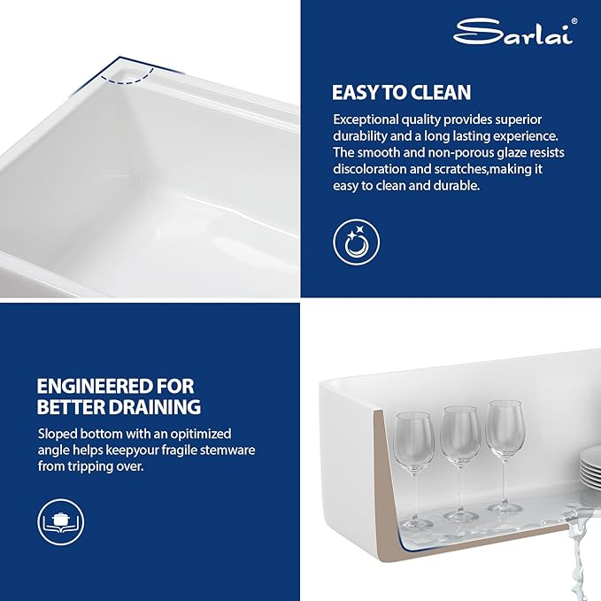 Sarlai 33 White Farmhouse Kitchen Sink - 33x20 Inch White Farm Sink Workstation Undermount Kitchen Sinks Apron Front Ceramic Porcelain Fireclay Single Bowl Farmer Sinks Basin