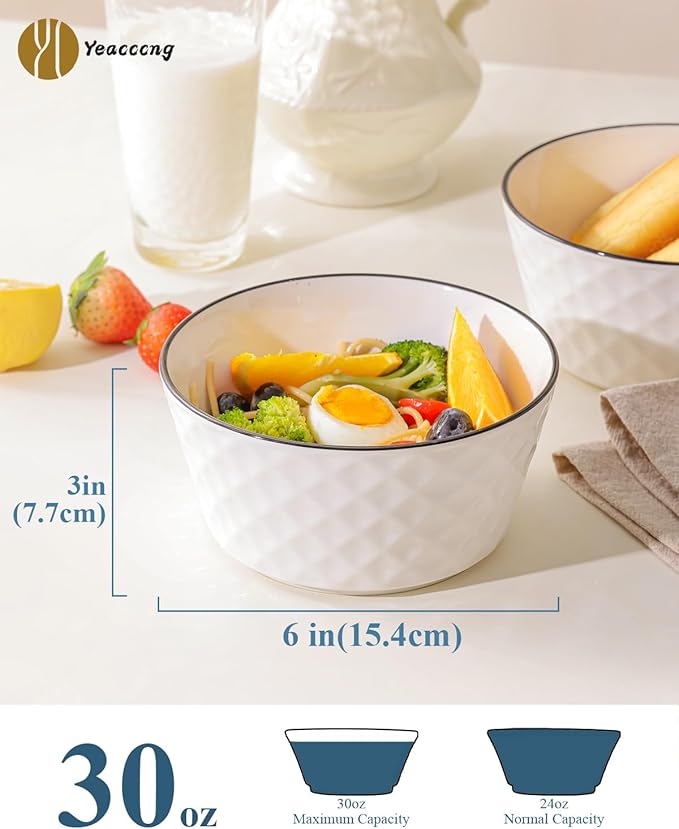 Yeacccng Ceramic Soup Bowls Set of 6, 30 Oz White Cereal Bowls, 6 inch Small Soup Bowls for Soup, Oatmeal, Salad, Pasta, Snacks, Fruits, Dishwasher & Microwave Safe, Scratch-Resistant, Lead-Free