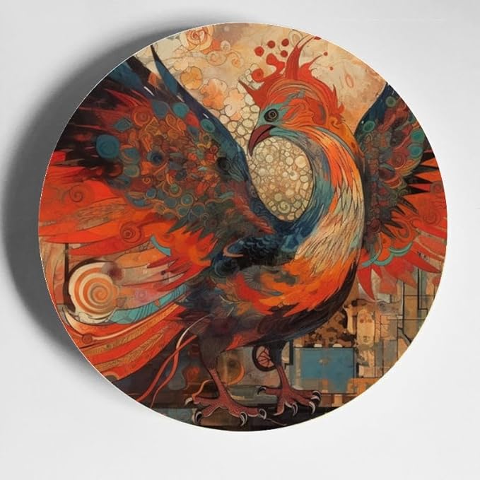 Fire Phoenix Ceramic Display Plate 10-inch Round, Home Decor with Stand & Hook DP-20989909