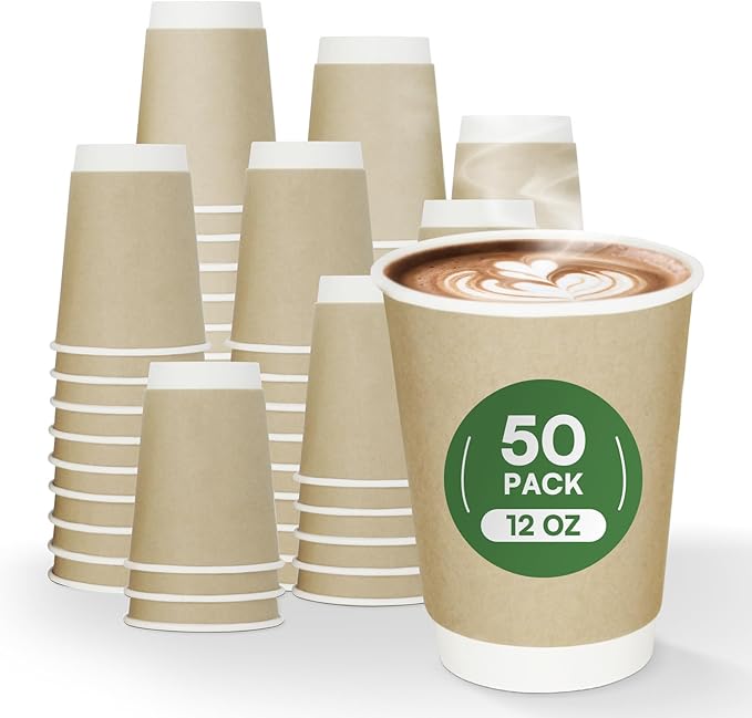 Disposable Coffee Cups 12 oz Paper Cups,50 Pack Compostable Cups Double Wall Hot Cups, BPI Certified PLA Coated Disposable Cups, Kraft Paper Coffee Cups for Everyday To-go Office Coffee Bar Supplies
