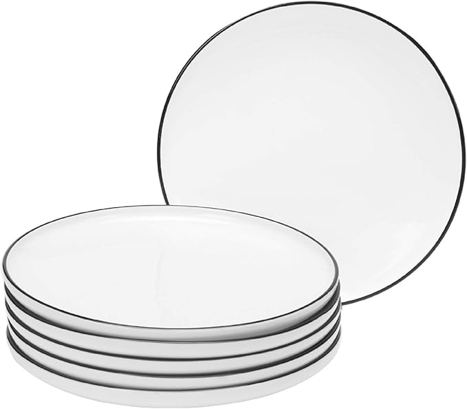 BonNoces 10 Inch Porcelain Dinner Plates, Elegant White with Black Edges Design, Classic Round Serving Plates Set for Steak, Pasta, and Salad, Set of 6