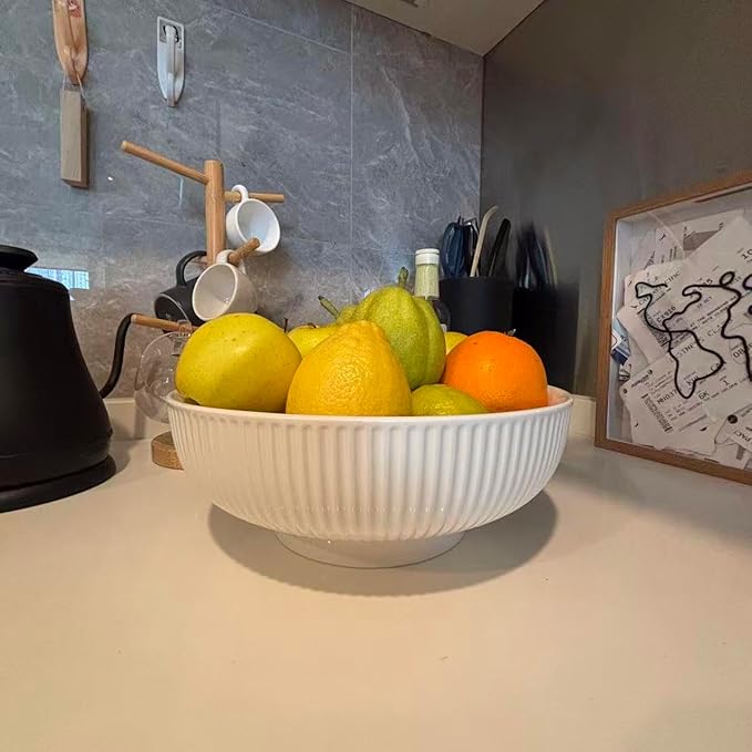 Ceramic Fruit Bowl,10.5" Decorative Bowl, White Fruit Bowl for Kitchen Counter, Purse Bowl, Key Bowl, Kitchen Island Décor, Centerpiece for Dining Table (White)