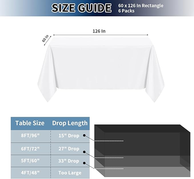 PureFit 6 Pack White Rectangle Table Cloths 60 x 126 Inch, Stain Resistant Polyester Table Covers for Dining Room, Wedding, Party, Banquet and Camping