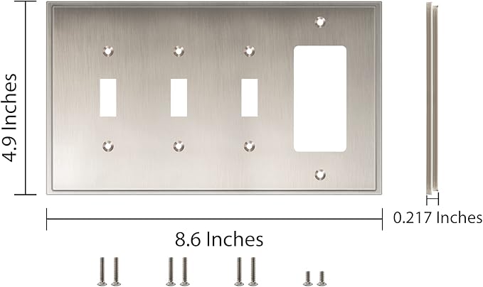 Henne Bery Soft Modern Decorative Wall Plate Switch Plate Outlet Cover (Triple Toggle/Single Decorator, Satin Nickel)