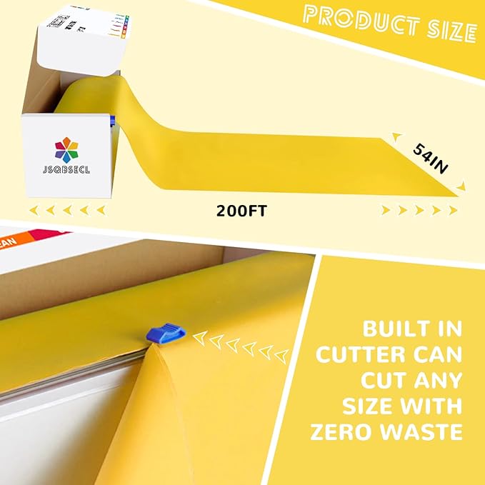 54 Inch X 200 Feet Plastic Table Cover Roll with Convenient Slide Cutter, Disposable Plastic Table Cloth Roll with Cut-to-Size Design for Weddings, Banquets, Parties (Yellow)