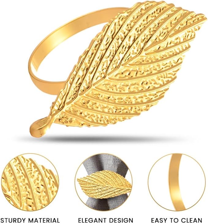 Decozen Set of 4 Gold Napkin Rings in Leaf Design, Festive, Table Decor Setting for Holiday, Wedding, Birthday, Kitchen, Home Decor, Housewarming Gift - Mothers Day Decorations