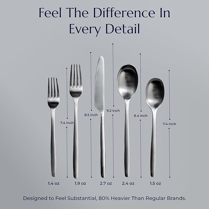 JazzUpCo Ava Flatware Flatware non toxic 18/10 stainless steel dishwasher safe (Matte Silver, 12 Person Set (60 Pieces))