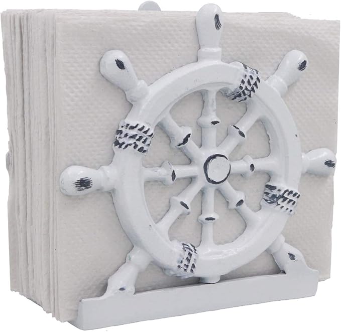 THDC Nautical Napkin Holder, Lunch, Dinner, Nautical Collection Napkin Holder, Made of Metal (Wheel Distressed White)