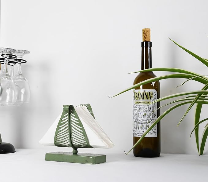 OwlGift Freestanding Modern Napkin Holder with Leaf Design, Tabletop Tissue Dispenser, Napkin Storage Organizer – Rustic Green